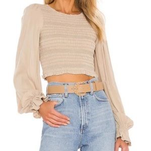 Tularosa Dianna Tan Smocked cropped balloon sleeve Top blouse size small